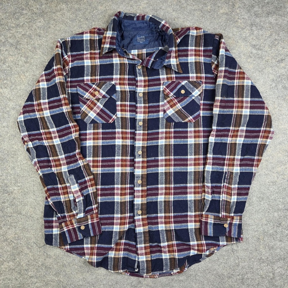 Sears Shirt Mens LT Tall Blue Plaid Flannel Button Front Long Sleeve Casual Wool